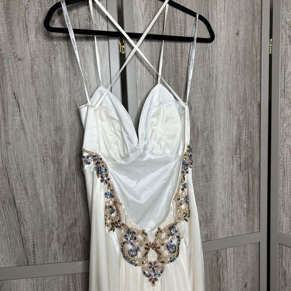 Sherri Hill Silk Ivory Formal Dress Jeweled Open Back Train Size 10 Altered - Picture 6 of 16